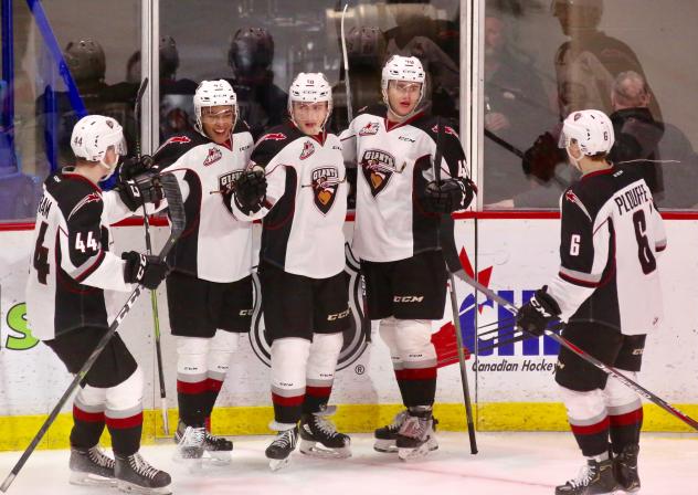 Vancouver Giants line up to celebrate a goal