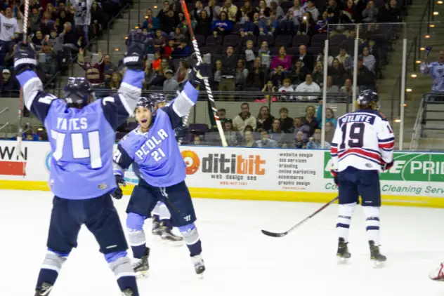 Pensacola Ice Flyers celebrate a goal against the Macon Mayhem