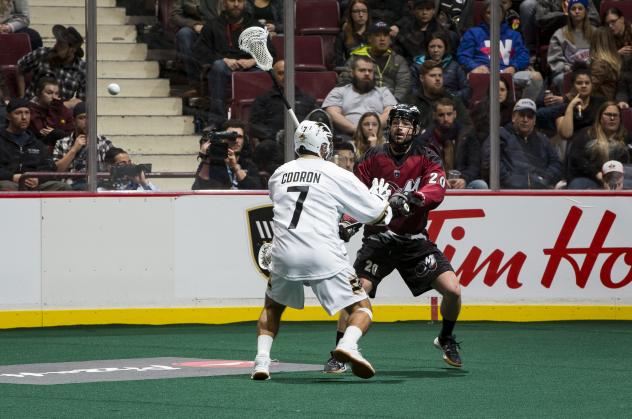 Tyler Codron of the Vancouver Warriors faces the Colorado Mammoth