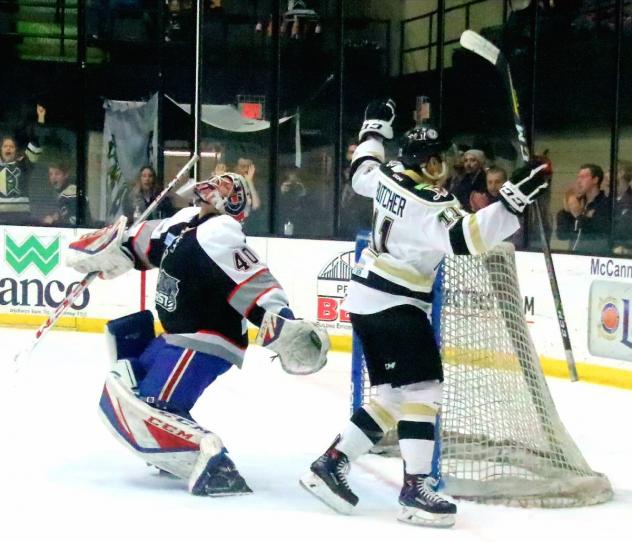 Alec Butcher of the Wheeling Nailers scores his game-winning goal against the Brampton Beast