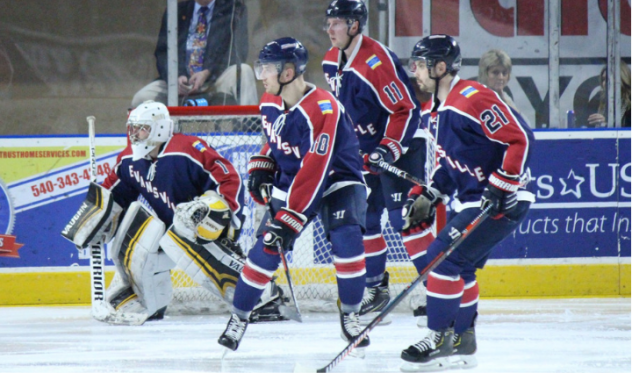 Evansville Thunderbolts goaltender Alex Murray and his defense