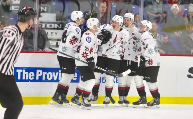 Vancouver Giants celebrate a goal in their Don Cherry jerseys