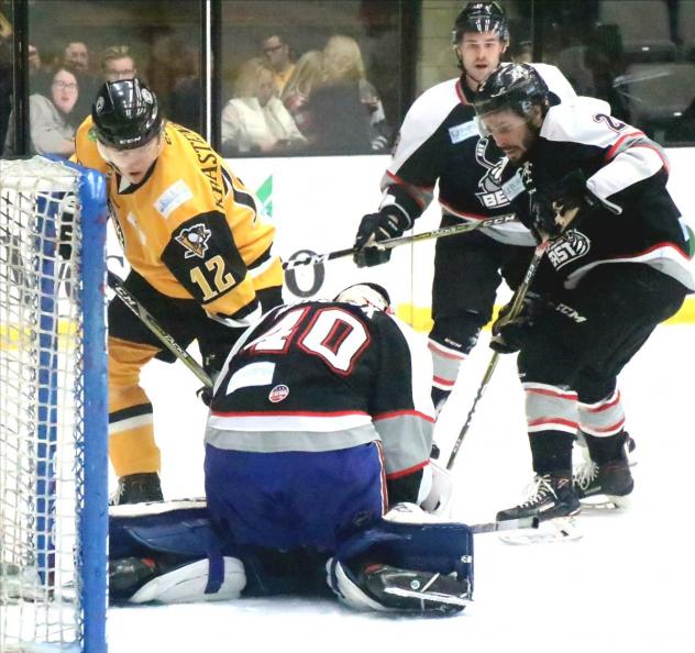 Wheeling Nailers forward Renars Krastenbergs tests the Brampton Beast defense