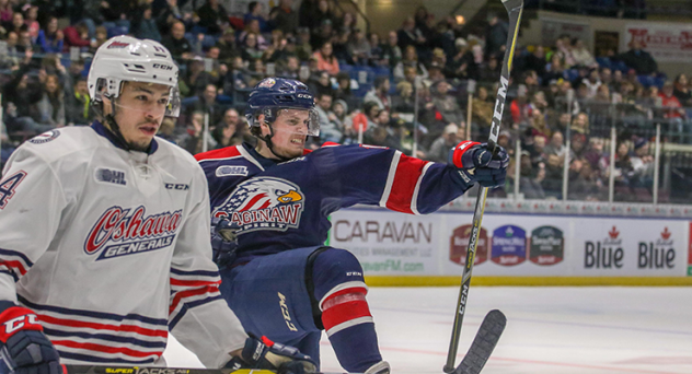 Saginaw Spirit celebrate a goal against the Oshawa Generals