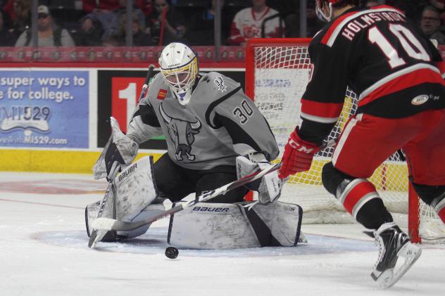 San Antonio Rampage goaltender Evan Fitzpatrick denies Grand Rapids Griffins forward Axel Holmstrom