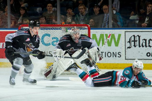 Vancouver Giants goaltender David Tendeck and defenceman Bowen Byram vs. the Kelowna Rockets