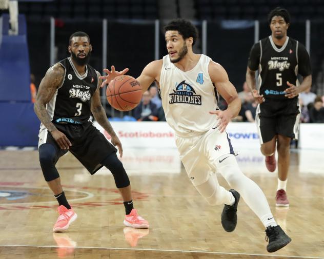 Halifax Hurricanes guard Malcolm Duvivier eyes an opening against the Moncton Magic