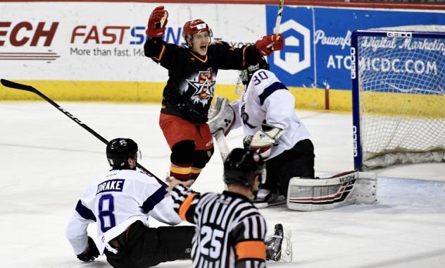 Allen Americans right wing Dante Salituro reacts after a goal against the Reading Royals