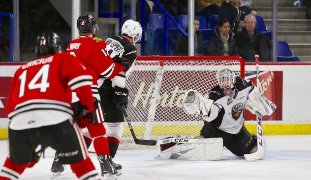 Vancouver Giants goaltender David Tendeck makes a save against the Portland Winterhawks