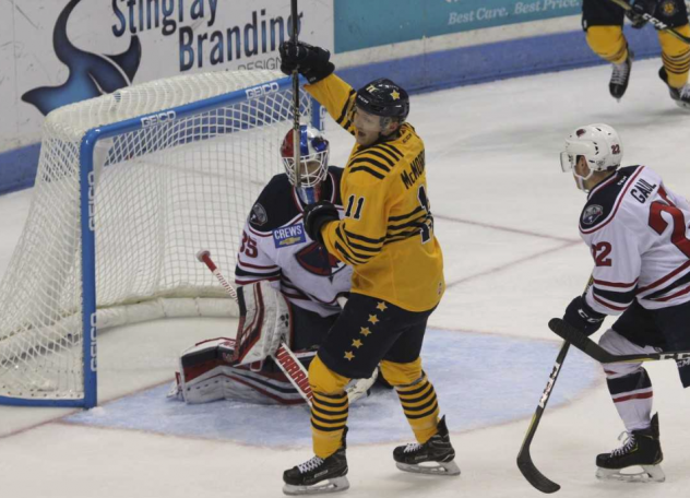 Norfolk Admirals forward Matt McMorrow celebrates a goal against the South Carolina Stingrays