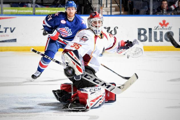 Cleveland Monsters goaltender Jean-Francois Berube vs. the Rochester Americans