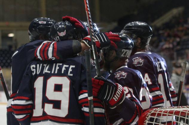 Macon Mayhem celebrate a goal against the Evansville Thunderbolts