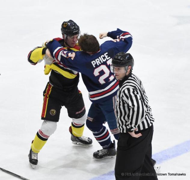 Johnstown Tomahawks forward Carson Briere in a tussle