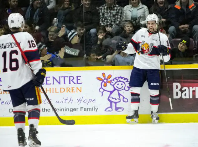 Jason Willms of the Barre Colts celebrates his overtime game-winner against the Sudbury Wolves