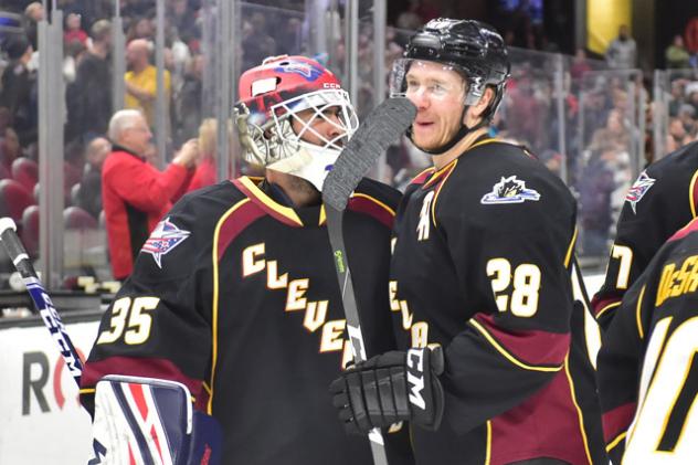 Cleveland Monsters goaltender Jean-Francois Berube and center Zac Dalpe