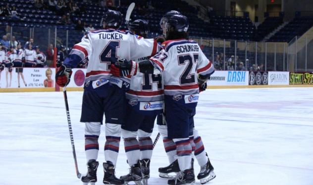 Evansville Thunderbolts celebrate a goal against the Quad City Storm