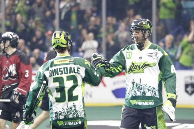 Saskatchewan Rush celebrate a goal against the Colorado Mammoth