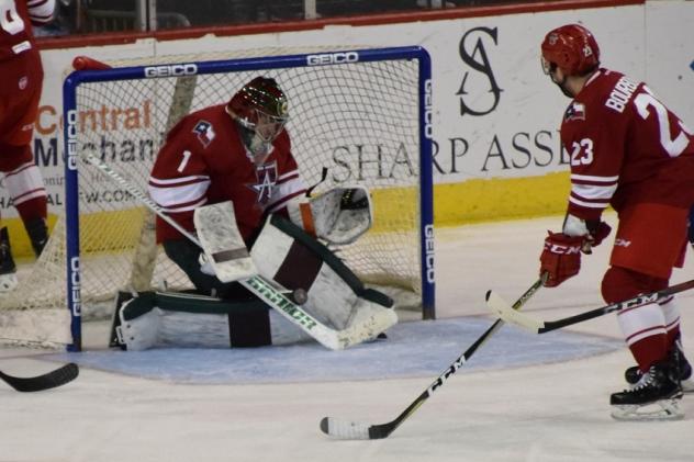 Allen Americans goaltender C.J. Motte and center Riley Bourbonnais