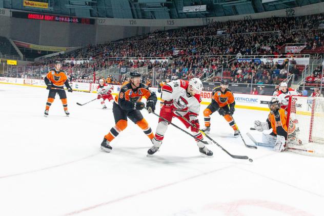 Lehigh Valley Phantoms defend against the Charlotte Checkers
