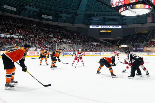 Lehigh Valley Phantoms face off with the Charlotte Checkers