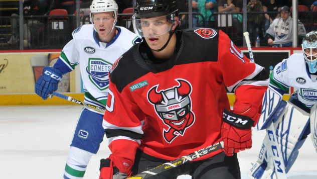 Binghamton Devils center Ryan Schmelzer against the Utica Comets