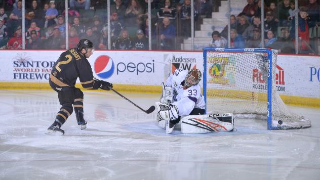 Adirondack Thunder forward Matt Salhany takes a shot against the Reading Royals