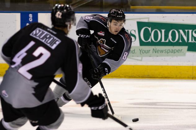 Vancouver Giants centre Tristen Nielsen with the puck against the Victoria Royals