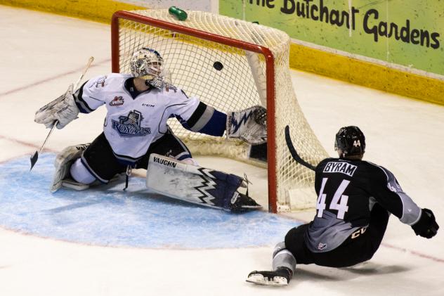 Bowen Byram of the Vancovuer Giants scores the game-winner against the Victoria Royals