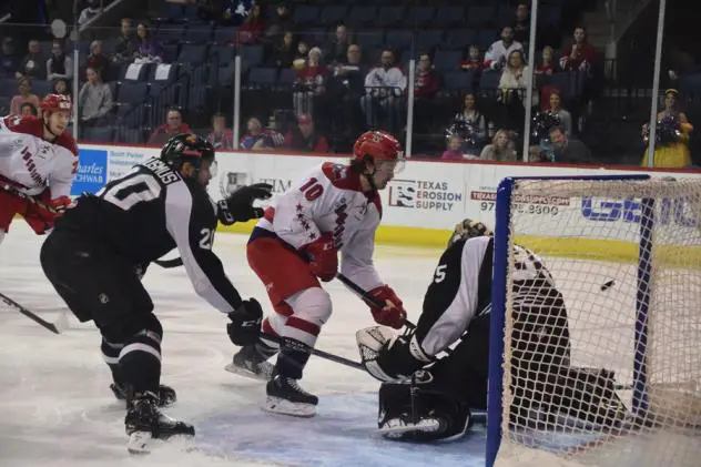 Allen Americans left wing Emerson Clark scores against the Utah Grizzlies
