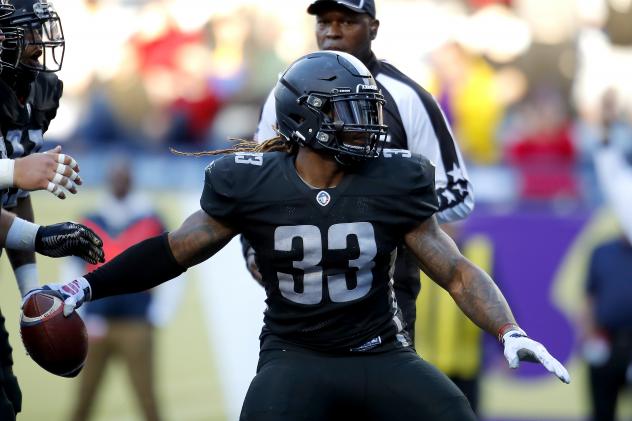 Birmingham Iron running back Trent Richardson prepares to spike the ball following a first quarter TD run against the Atlanta Legends