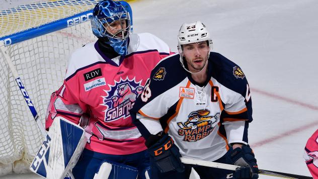 Greenville Swamp Rabbits forward Michael Pelech (right) against the Orlando Solar Bears