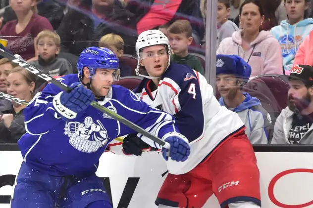 Defenseman Blake Siebenaler (right) with the Cleveland Monsters