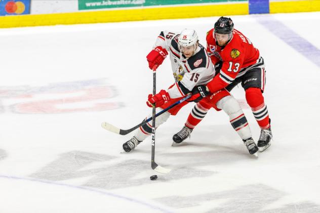 Grand Rapids Griffins center Turner Elson fights off the Rockford IceHogs