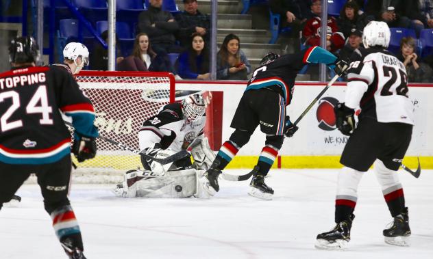 Vancouver Giants goaltender David Tendeck stops a Kelowna Rockets shot