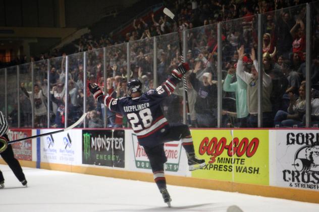 Josh Koepplinger of the Macon Mayhem celebrates with the crowd
