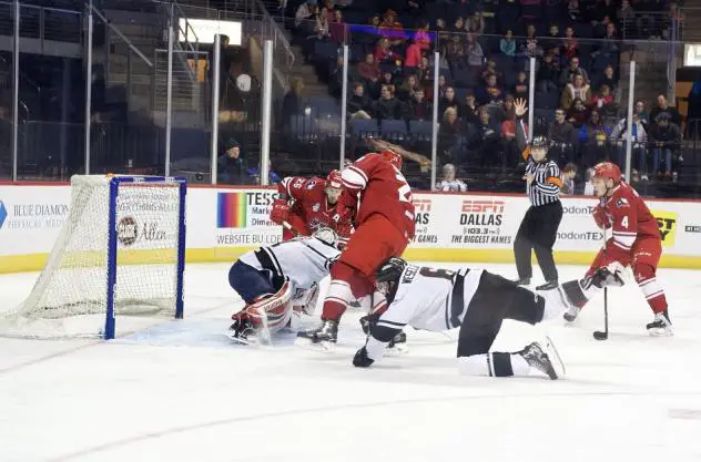 Allen Americans crash the net for a goal against the Tulsa Oilers
