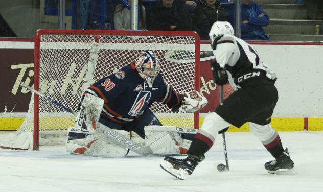 Vancouver Giants centre Dawson Holt eyes the goal against the Kamloops Blazers
