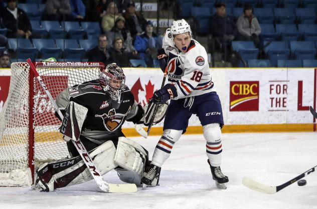 Vancouver Giants goaltender Trent Miner stops the Kamloops Blazers