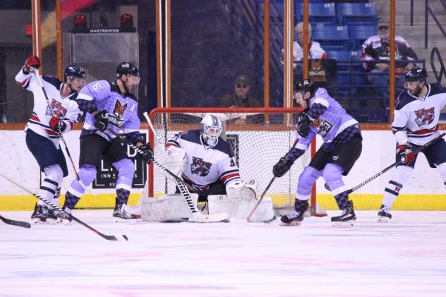Macon Mayhem goaltender Ian Sylves holds off the Fayetteville Marksmen