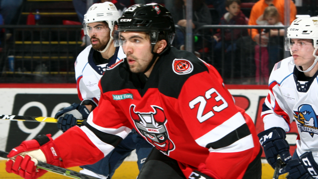 Binghamton Devils right wing Sam Kurker vs. the Springfield Thunderbirds