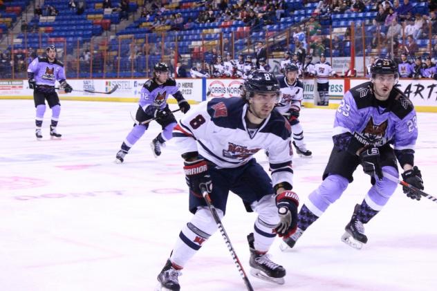 Macon Mayhem defenseman Jarret Kup vs. the Fayetteville Marksmen