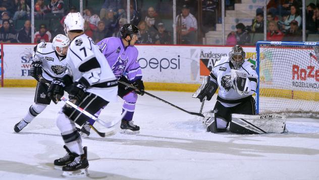Adirondack Thunder Dylan Walchuk (purple) takes a shot against the Manchester Monarchs