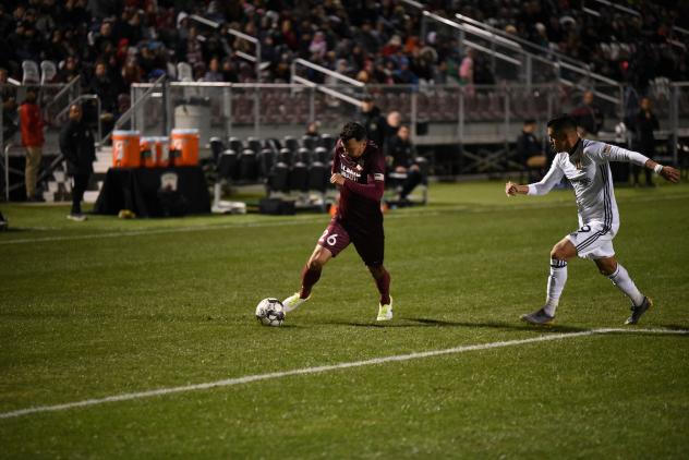 Sacramento Republic FC defender Elliott Hord with the ball against Real Monarchs SLC