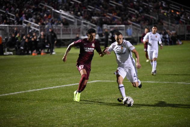 Sacramento Republic FC forward Tyler Blackwood closes in on the ball against Real Monarchs SLC