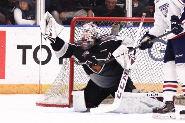 Vancouver Giants goaltender David Tendeck with a glove save vs. the Tri-City Americans