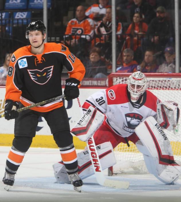 Lehigh Valley Phantoms center Byron Froese vs. Charlotte Checkers goaltender Alex Nedeljkovic