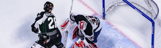 Jake Marchmen of the Utah Grizzlies in front of the goal