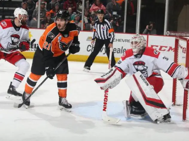 Lehigh Valley Phantoms center Mike Vecchione vs. the Charlotte Checkers
