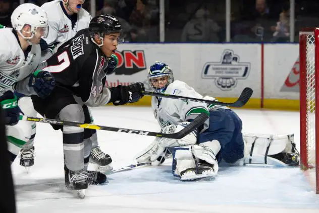Justin Sourdif of the Vancouver Giants scores against the Seattle Thunderbirds