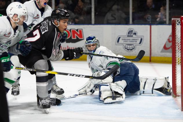 Justin Sourdif of the Vancouver Giants scores against the Seattle Thunderbirds